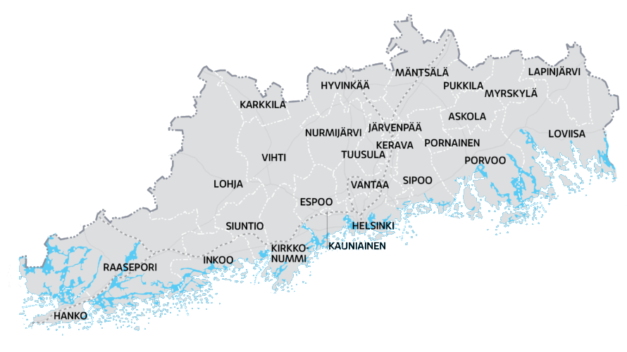 Uudenmaan kartta – kaivuu- ja maanrakennustyöt Kaivuutyöt.comin kautta